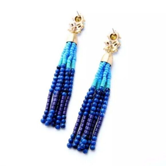 Sea Blue Rhinestone Beaded Tassel Fringe Vintage Gold Dangle Statement Earrings - Picture 5 of 9